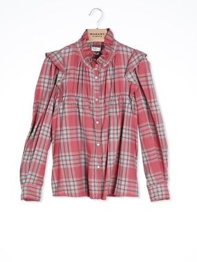 Isabel Marant Pink Plaid Ruffle Collar Button-Down Shirt